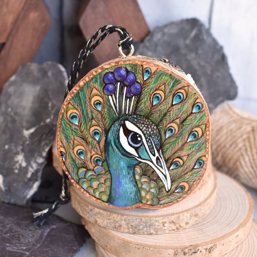 Curious Peacock Pyrography Hanging wood slice decoration
