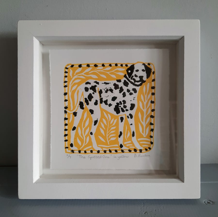 Framed limited edition linoprint of dalmatian dog