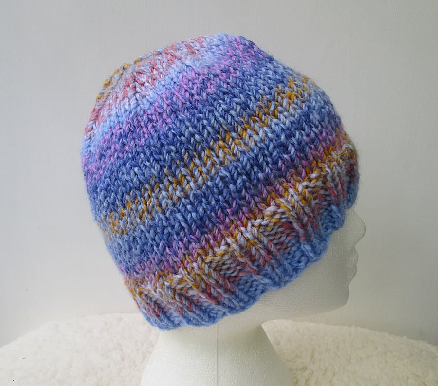 Ombre blue stripey chunky beanie hat for an adult