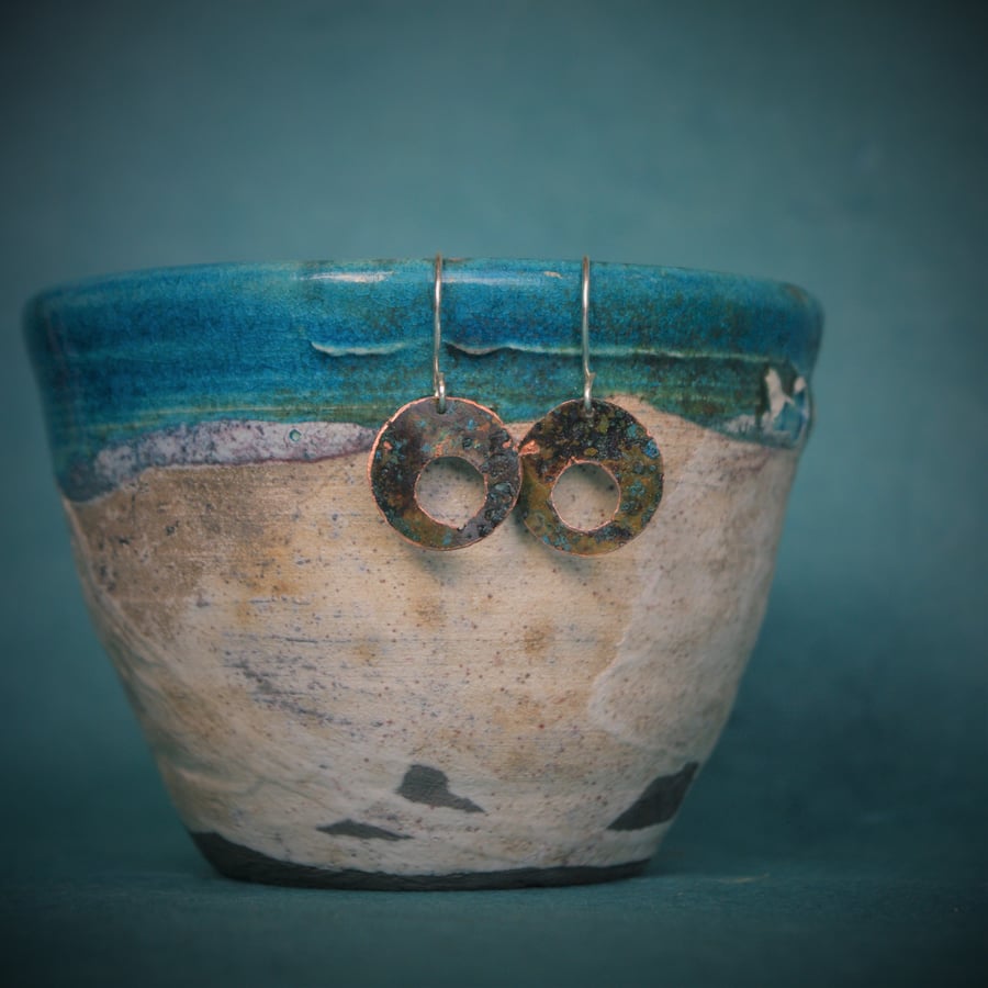 Verdigris Copper Circle Hoop  Dangle Earrings