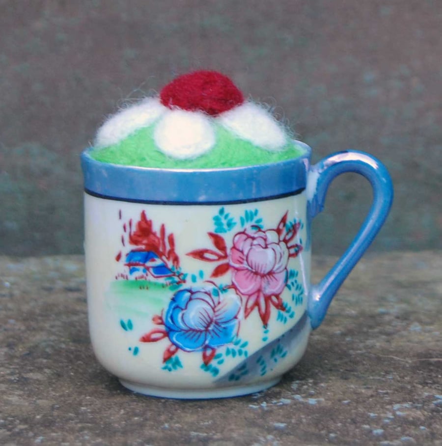 Tiny Vintage Cup with Needle felted Pincushion 
