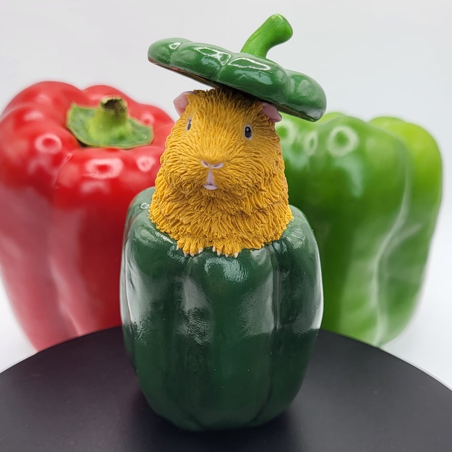 Green Pepper Guinea Pig Figurine, Pepper Stalk Hat