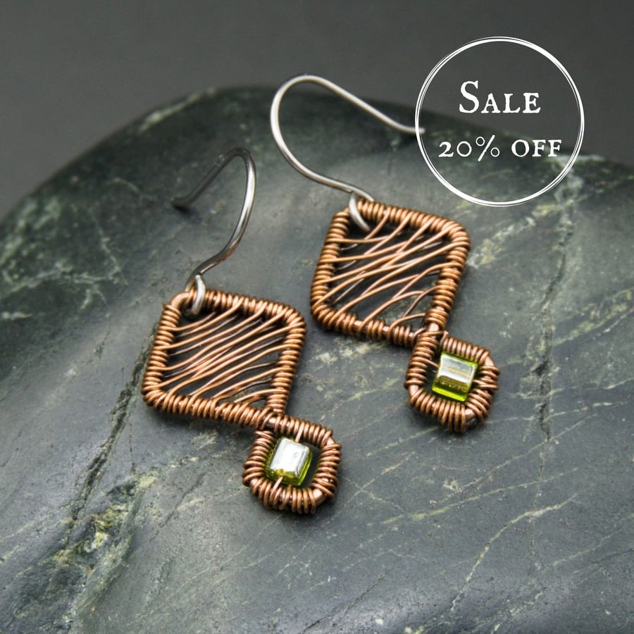 SALE - Copper Wire Weave Geometric Earrings with Olive Green Glass Cube Beads