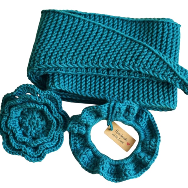 Handmade Merino Wool Scarf & Crochet Scrunchies Set - Hand Knitted Scarf