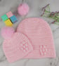 Pink Crochet Mum and Baby Matching Hats, Faux Fur Pom Beanie Set - Image 6