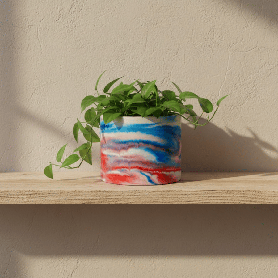 Large Red White and Blue Marbled Plant Pot 15 cm