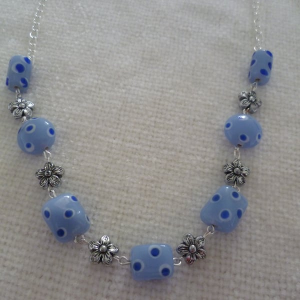 Blue Spots & Flowers Necklace