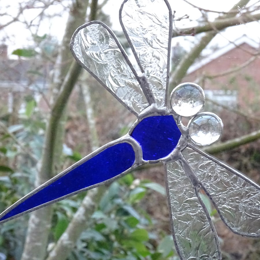 Stained Glass Dragonfly Suncatcher - Blue 