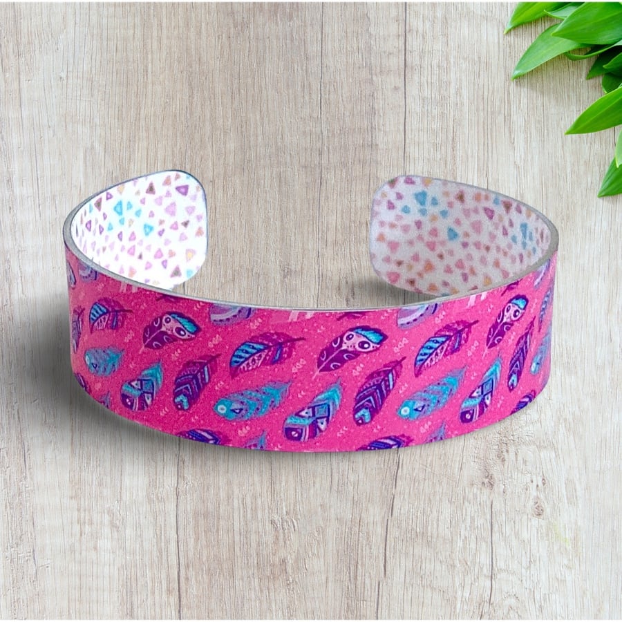 SALE: Feather cuff bracelet, hot pink metal bangle. 