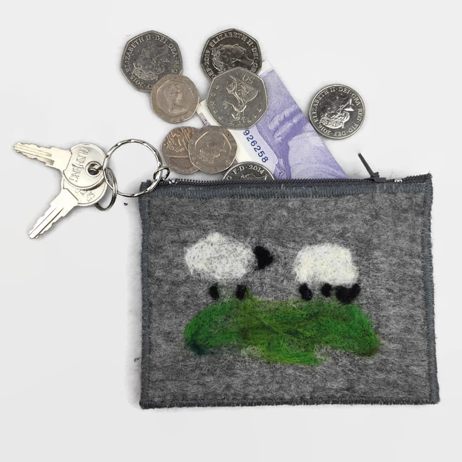 Grey felt sheep coin purse , integral keyring and external pocket