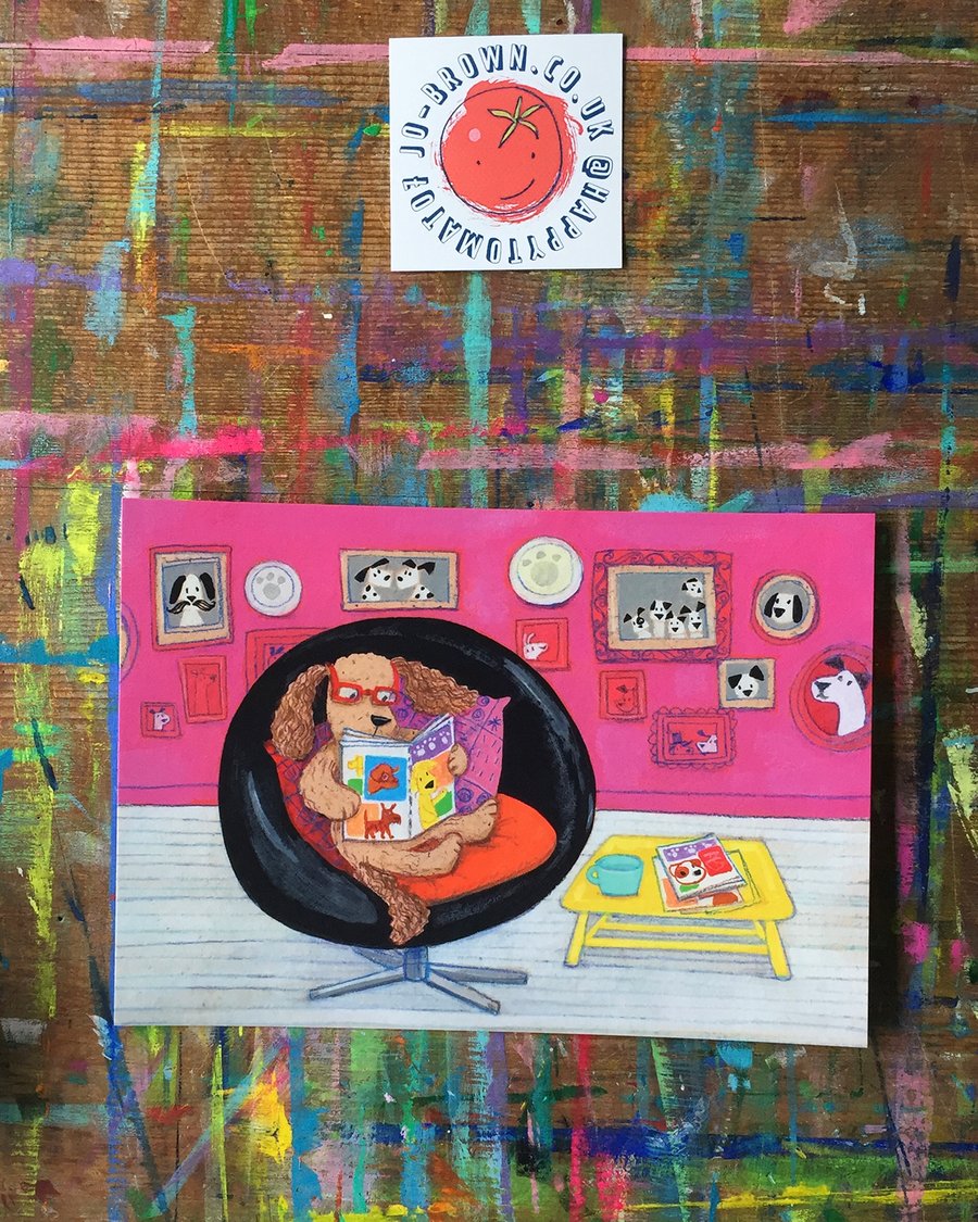 Dog Chilling A5 fun art print by Jo Brown, colourful decor