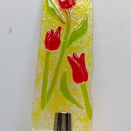 Fused glass Worry Poppet with red tulips