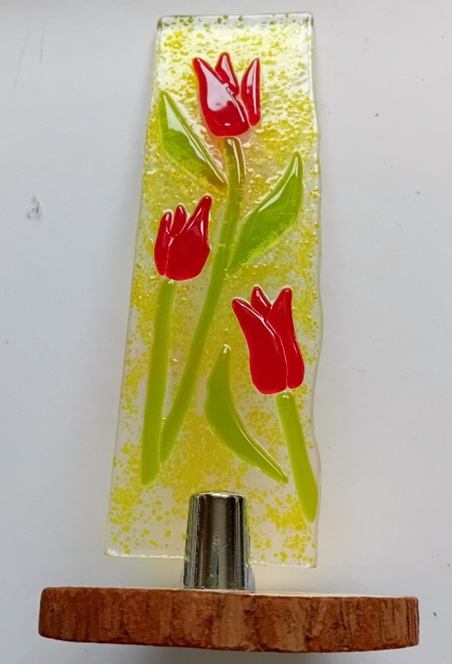 Fused glass Worry Poppet with red tulips