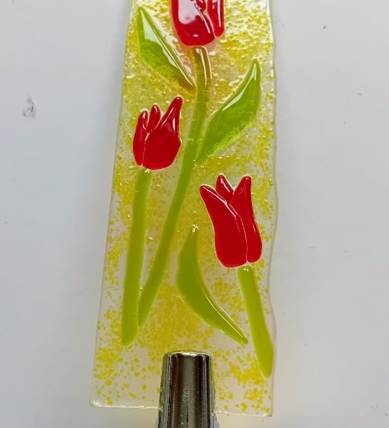 Fused glass Worry Poppet with red tulips