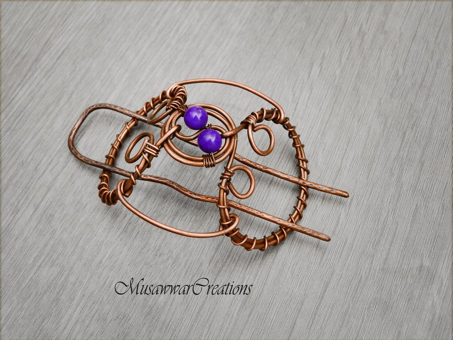 Antique Copper Hair Bun Holder with Purple Agate Stones, hair bun holder