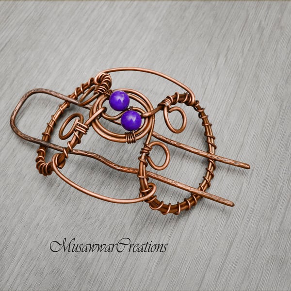 Antique Copper Hair Bun Holder with Purple Agate Stones, hair bun holder