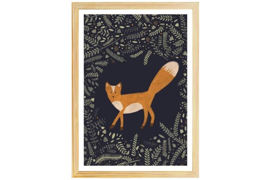 Fine Art Giclee Print 16"x12" - Felix the Fox in the Forest illustration - navy 