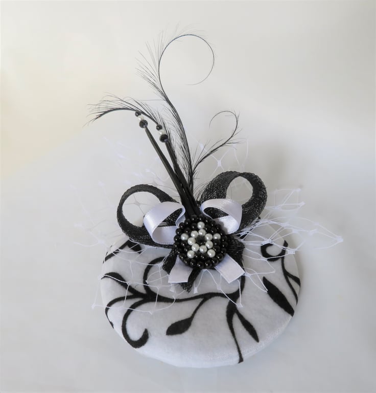Black & White Monochrome Cocktail Percher Hat Fascinator Pearl Mini Headpiece