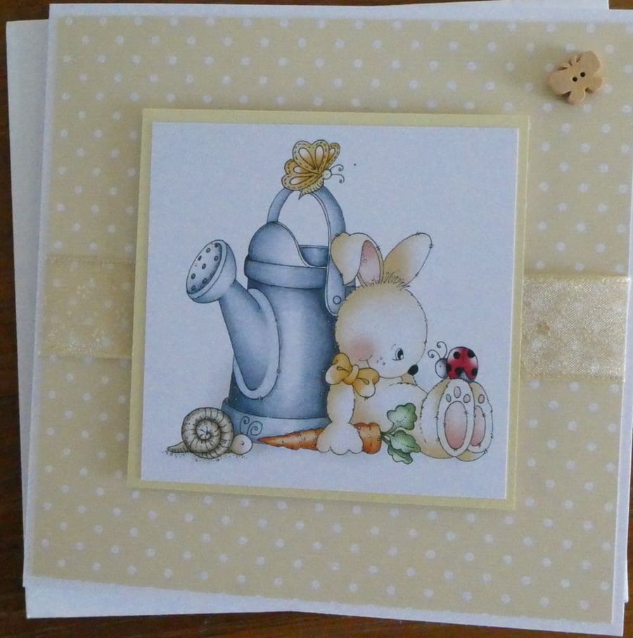 Sale - Rabbit & Watering Can Card - New Baby, Birthday,  Easter 