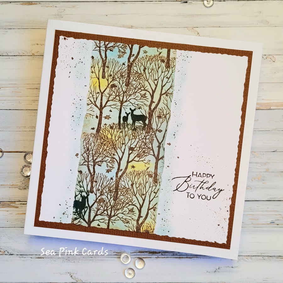 Birthday Card - Forest and Deer - handcrafted birthday card, layered design