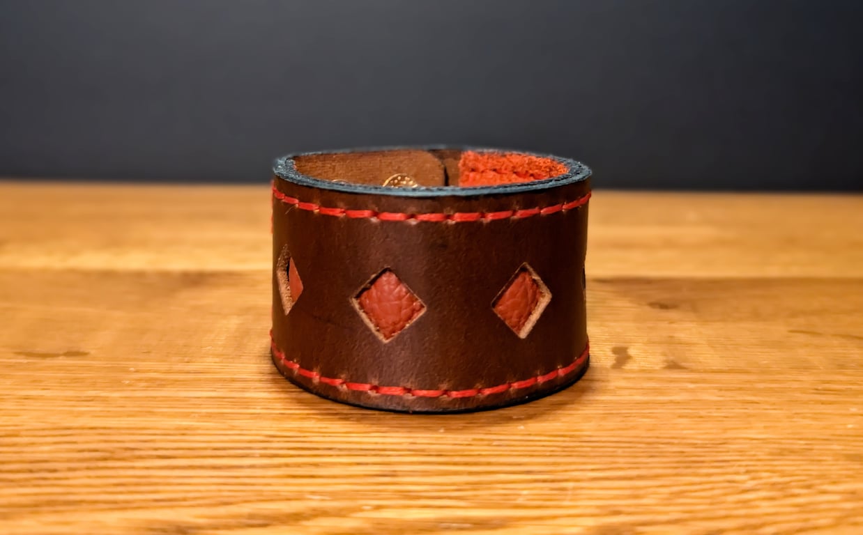 Leather Cuff - Brown and red layered diamond cut-out design gold snap fasteners