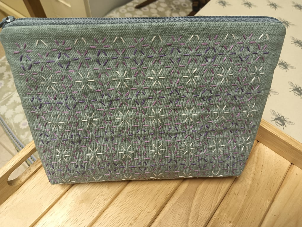 Handmade purse with sashiko embroidery detail 
