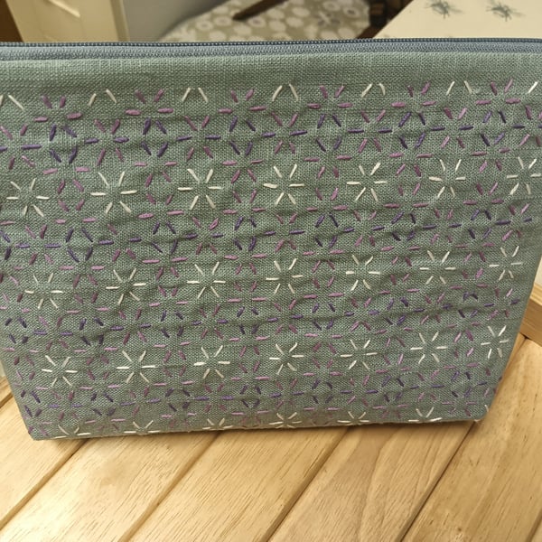 Handmade purse with sashiko embroidery detail 