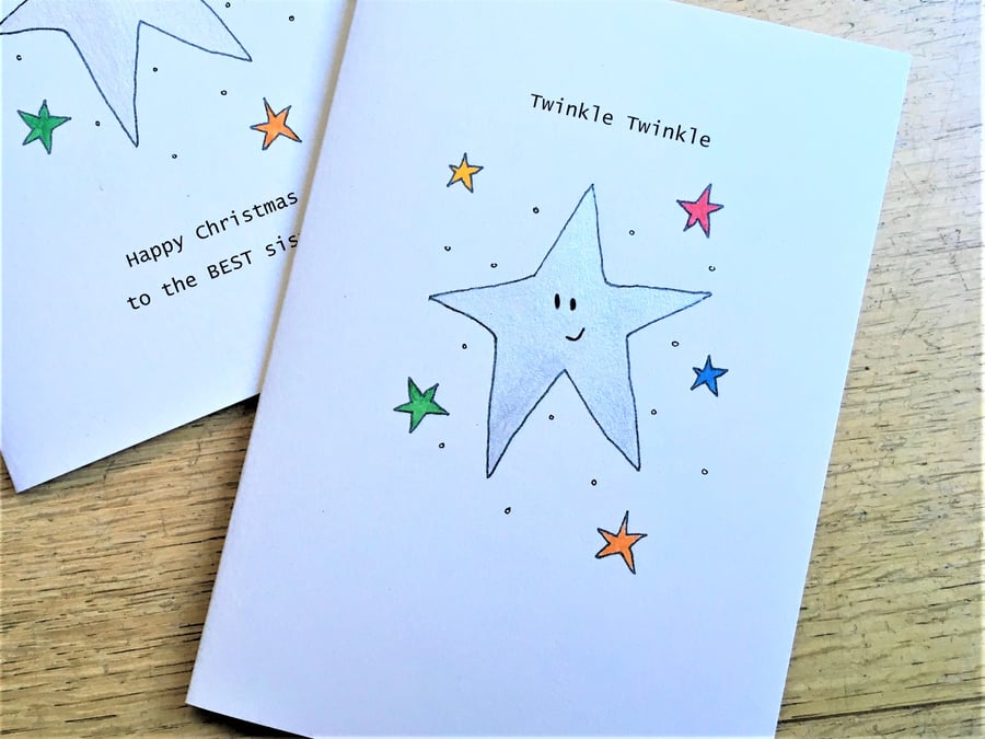 Twinkle Silver Star Christmas Card, Can be personalised. Handmade recycled card