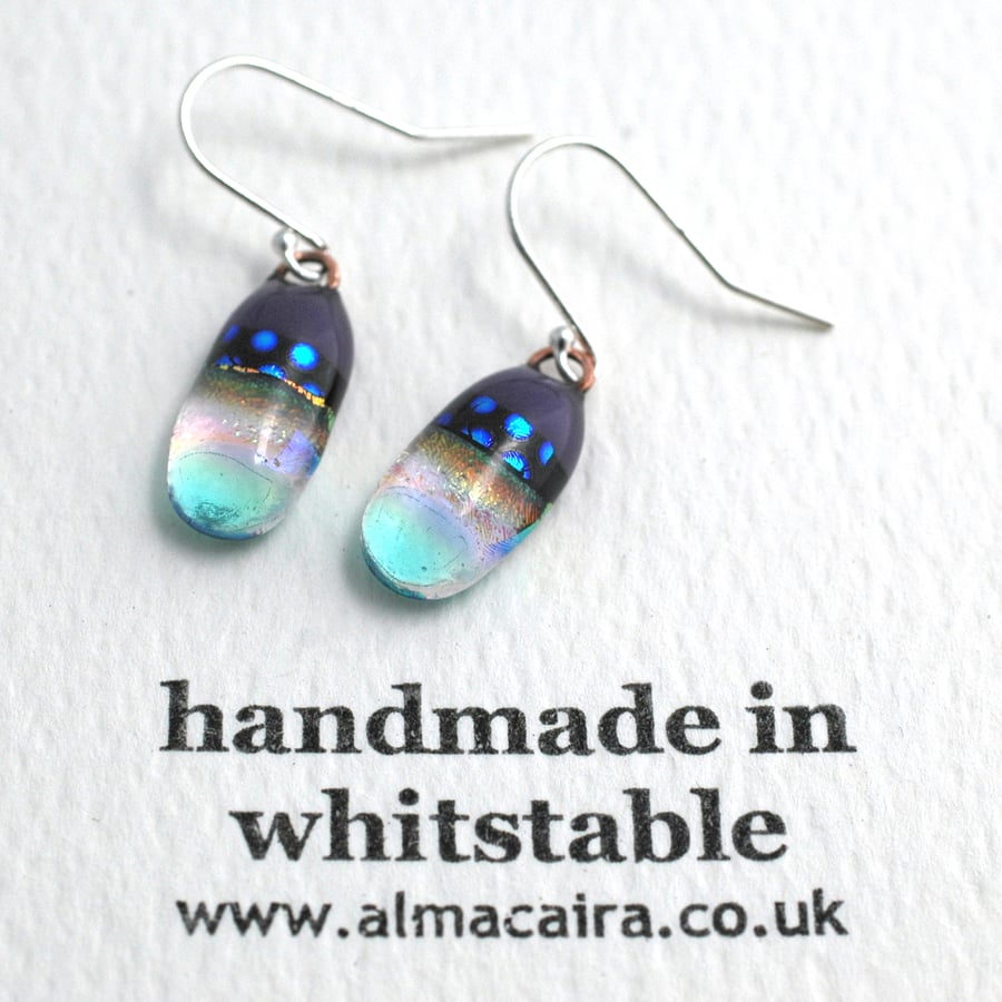 Purple and Blue Dichroic Glass Drop Earrings