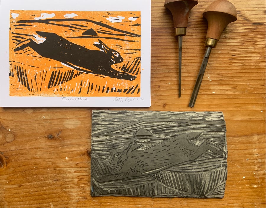Carrock Hare Hand Printed lino cut FRAMED ORIGINAL 