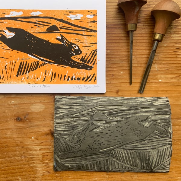 Carrock Hare Hand Printed lino cut FRAMED ORIGINAL 