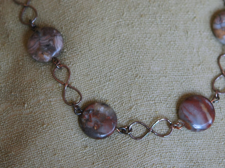 Copper Infinity Necklace with Crazy Agate Gemstones,  P122