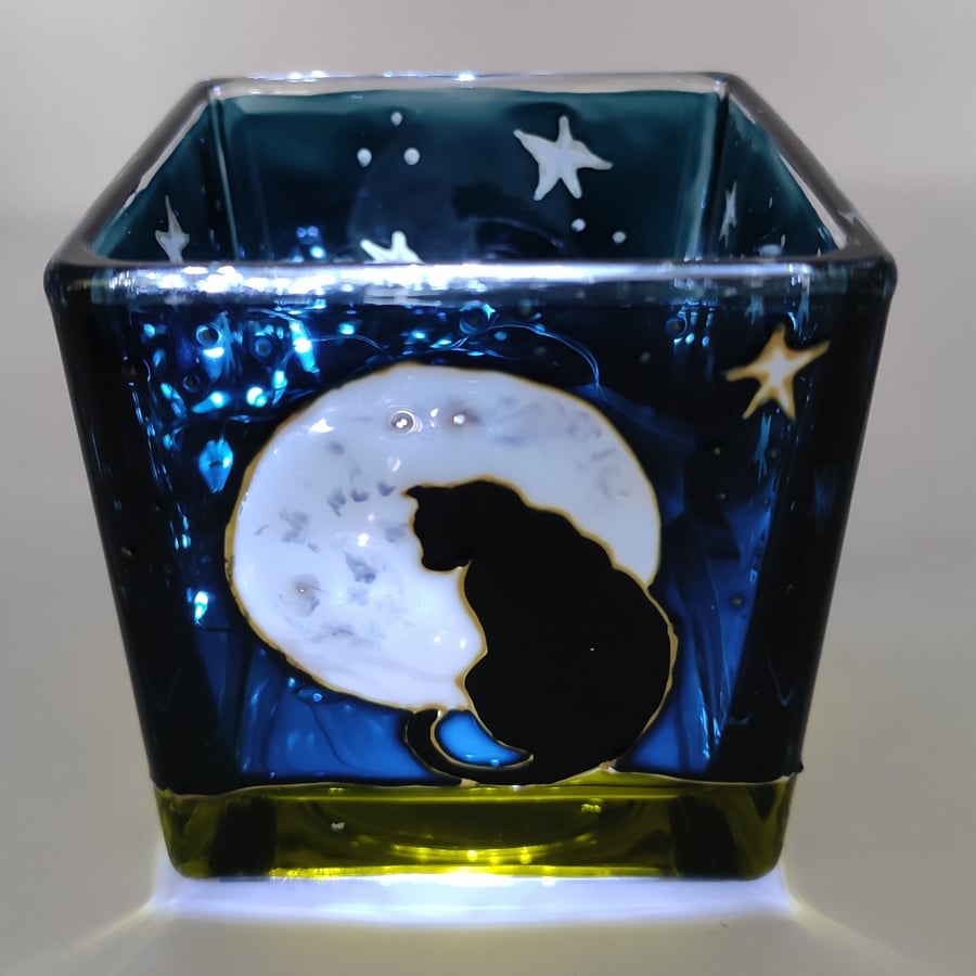 Candle holder, hand painted glass