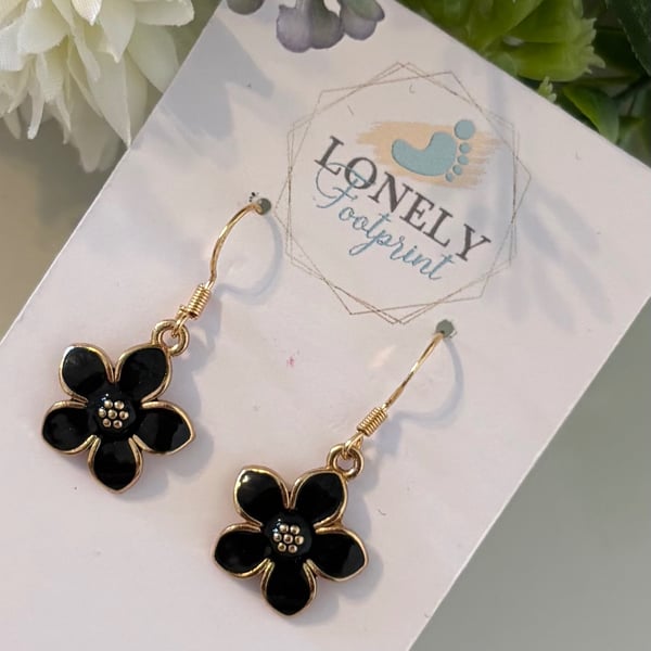 Black Floral Drop Earrings: Flower Charms, Handmade Gift For Her