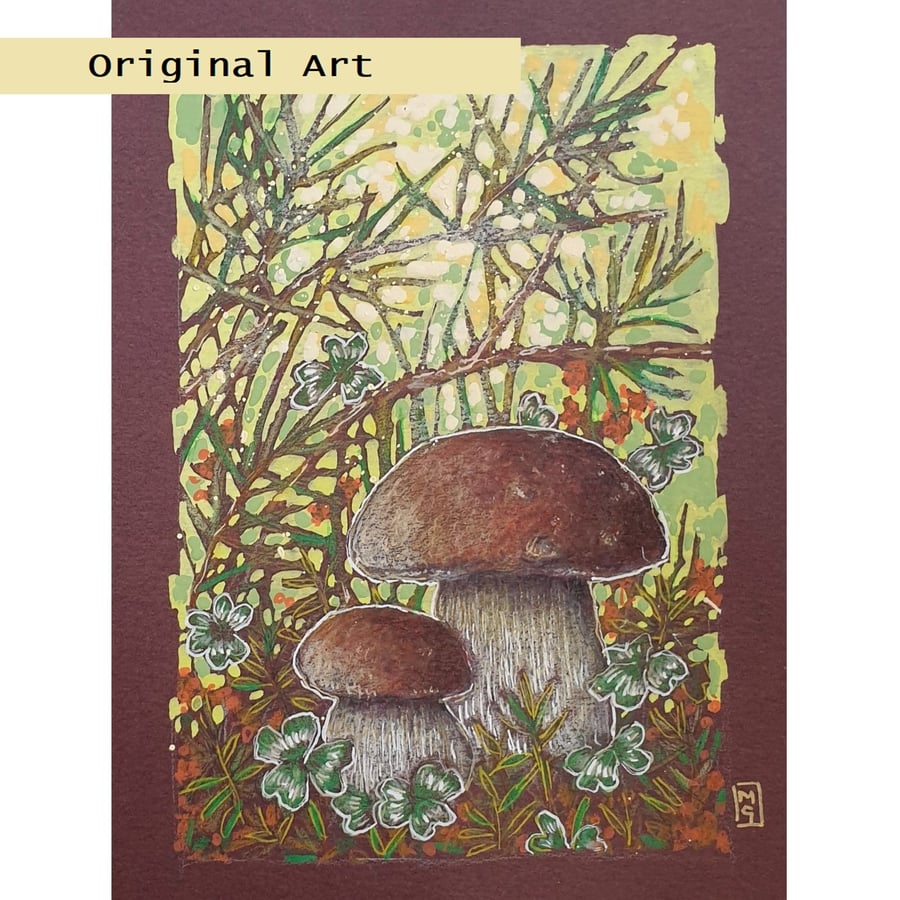 Bolete mushrooms in the undergrowth original artwork, small drawing