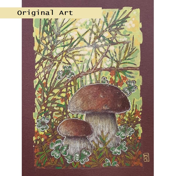 Bolete mushrooms in the undergrowth original artwork, small drawing