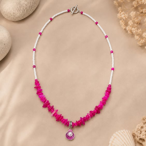 Fuschia Pink Coastal Style Necklace with Pearl Shell Charm