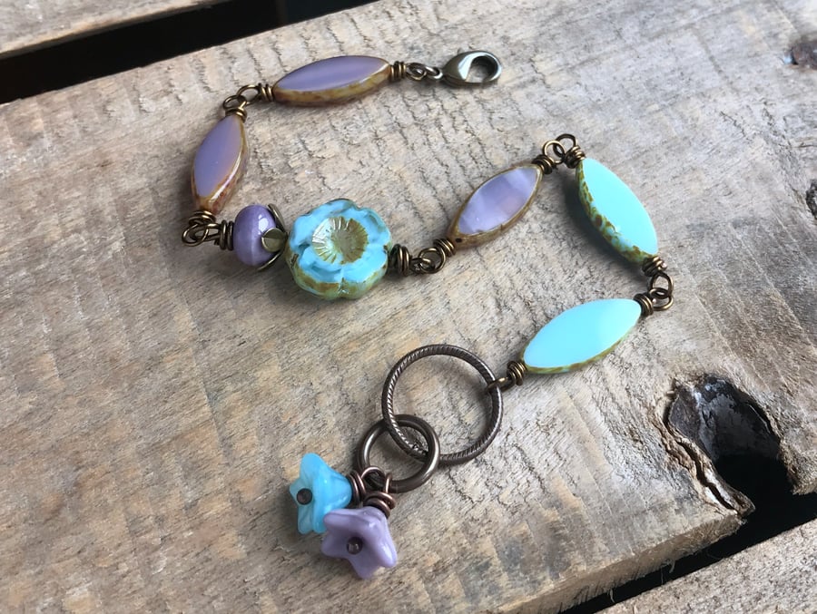 Spring Inspired Purple & Blue Czech Glass Bracelet. Blue Flower Bracelet