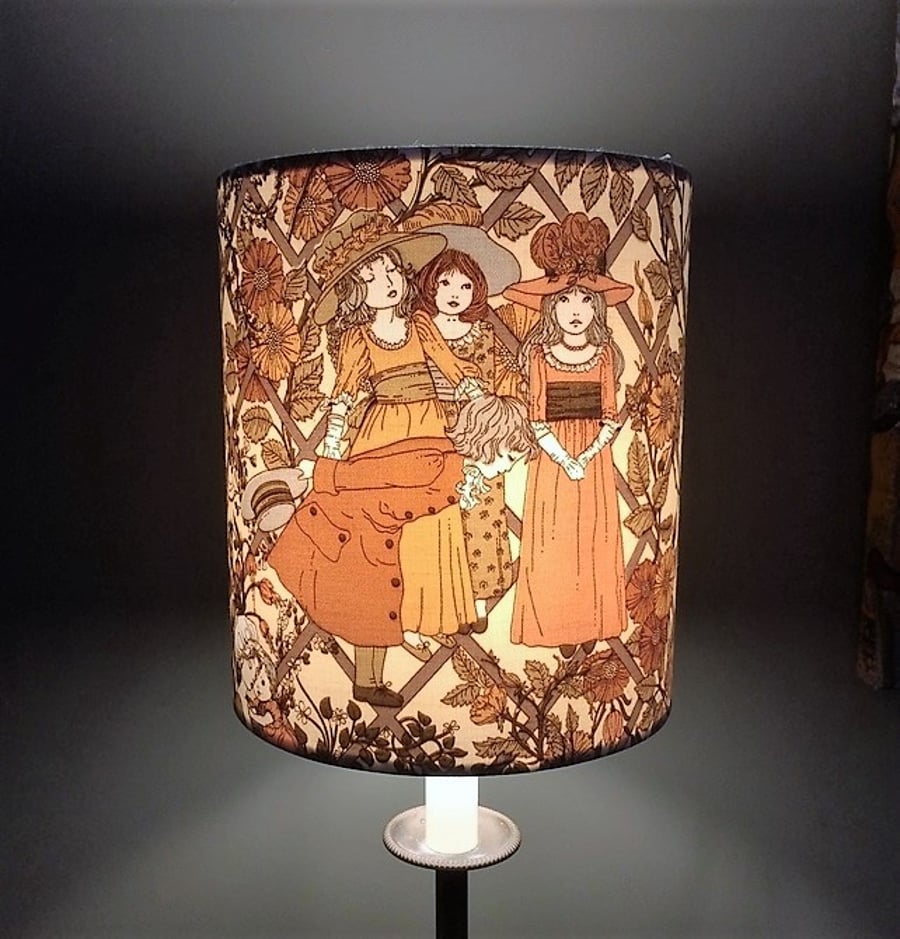Brown or Green 70s Victorian Style SUGAR AND SPICE Vintage Fabric Lampshade 