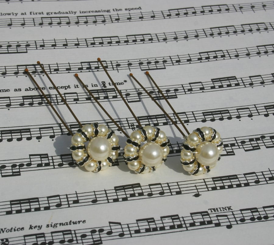 Ivory Pearls & black swarovski hair pins Brides, Bridesmaids, Proms, set of 3