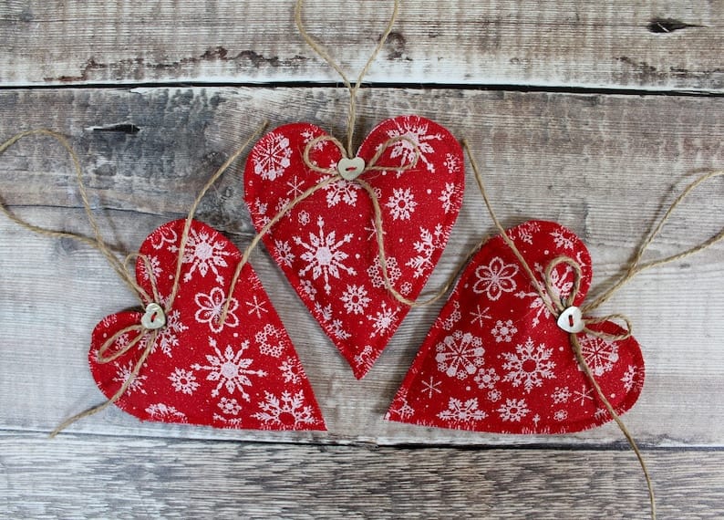 Set of 3 Christmas Lavender Filled Heart Decorations