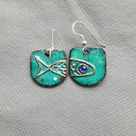 GORGEOUS ENAMELLED EARRINGS WITH COPPER FISH ON SEA GREEN