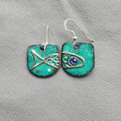 GORGEOUS ENAMELLED EARRINGS WITH COPPER FISH ON SEA GREEN