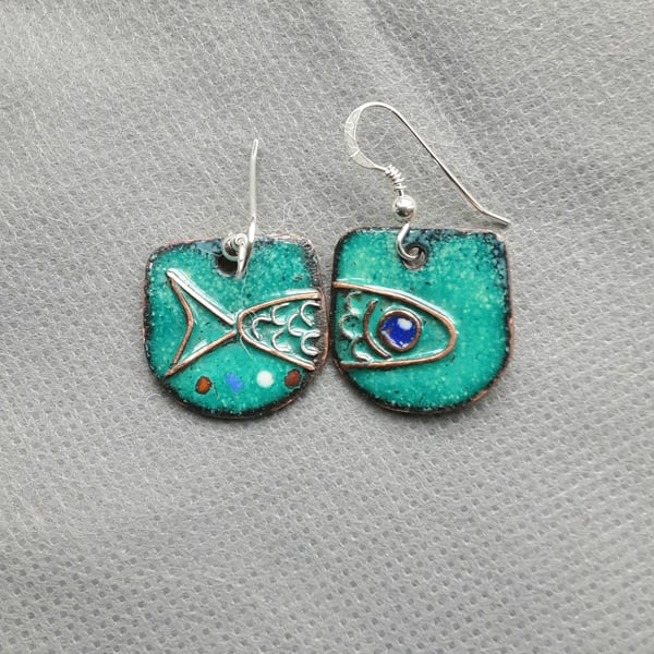 GORGEOUS ENAMELLED EARRINGS WITH COPPER FISH ON SEA GREEN