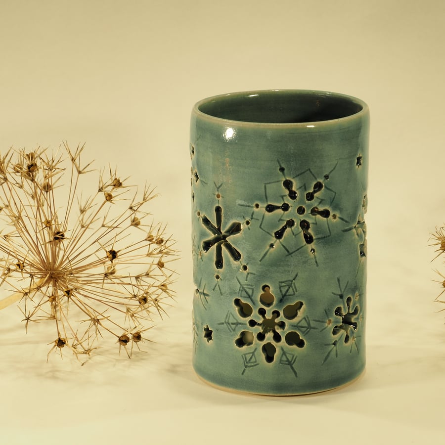 Tall Blue Snowflake Ceramic Candle Holder, Hand-carved design