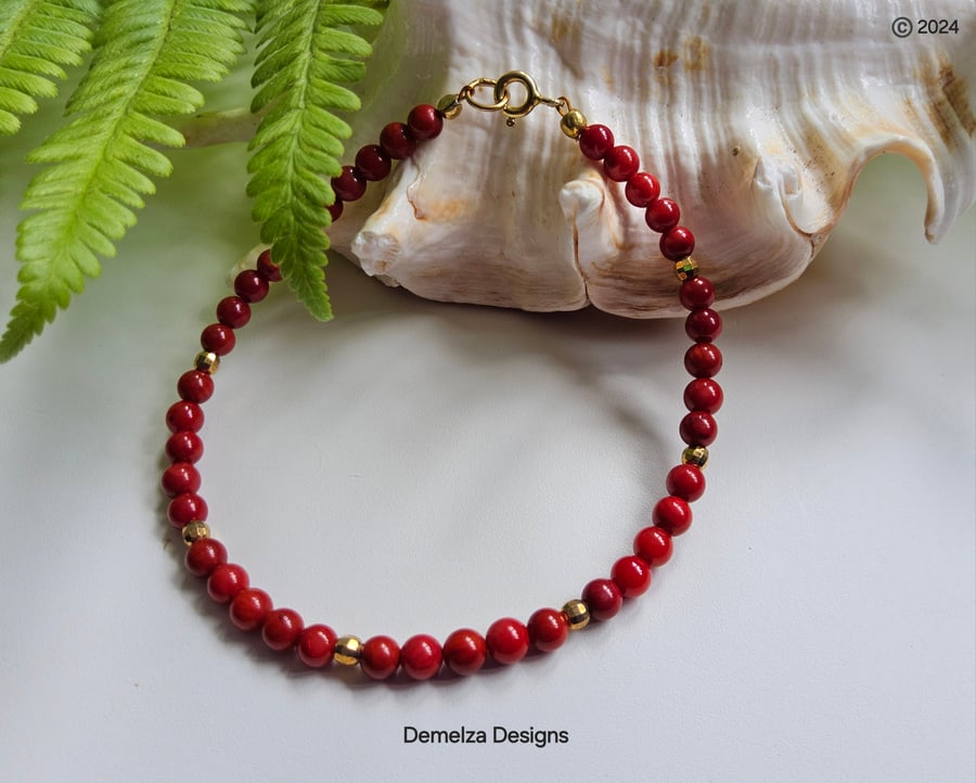 Dainty Eco Red Bamboo Coral Skinny Gold Vermeil Stacker Bracelet