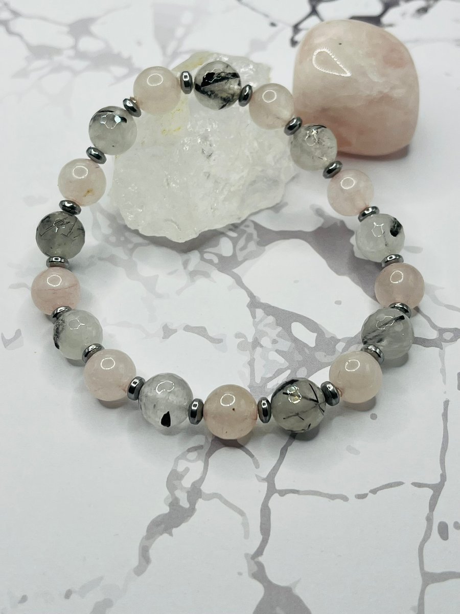 Stretchy bracelet with black rutile quartz, rose quartz and silver hematite 