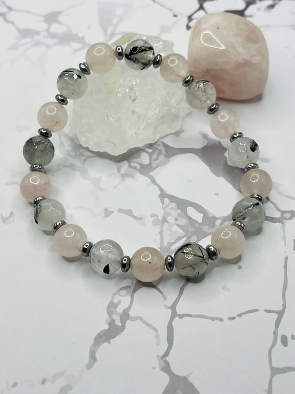 Stretchy bracelet with black rutile quartz, rose quartz and silver hematite 
