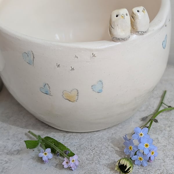 Handmade Tealight with Owl Bird Couple, Hearts & birdprints. Wedding Gift