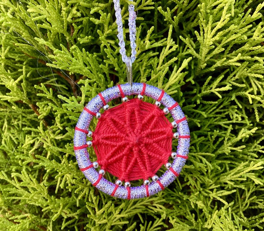 Christmas Decoration, Dorset Button, Red, Silver, Beads, Handmade